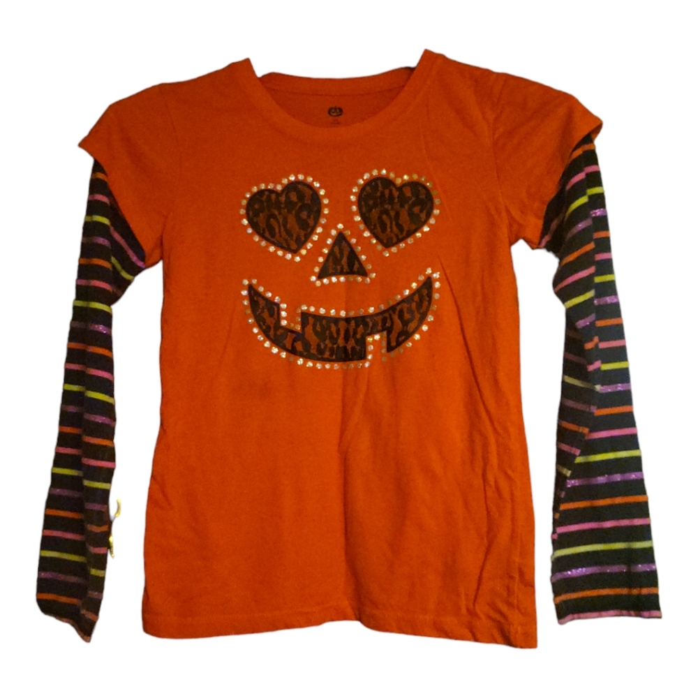 Vtg T-Shirt Long Sleeve Black Orange Silver Heart Eye Pumpkin Sparkles